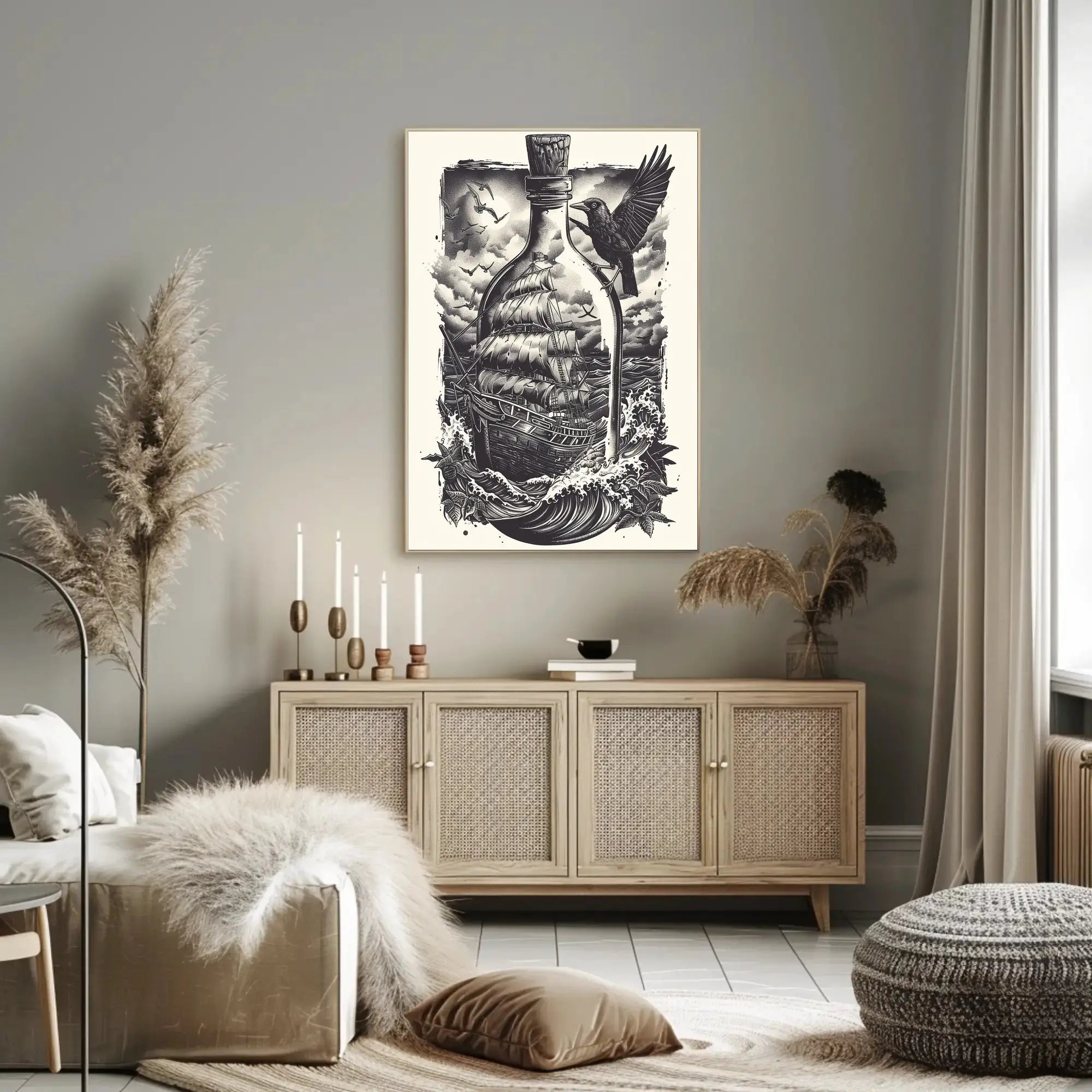 Timeless Nautical Ship in Bottle Artistic Poster PosterGoat