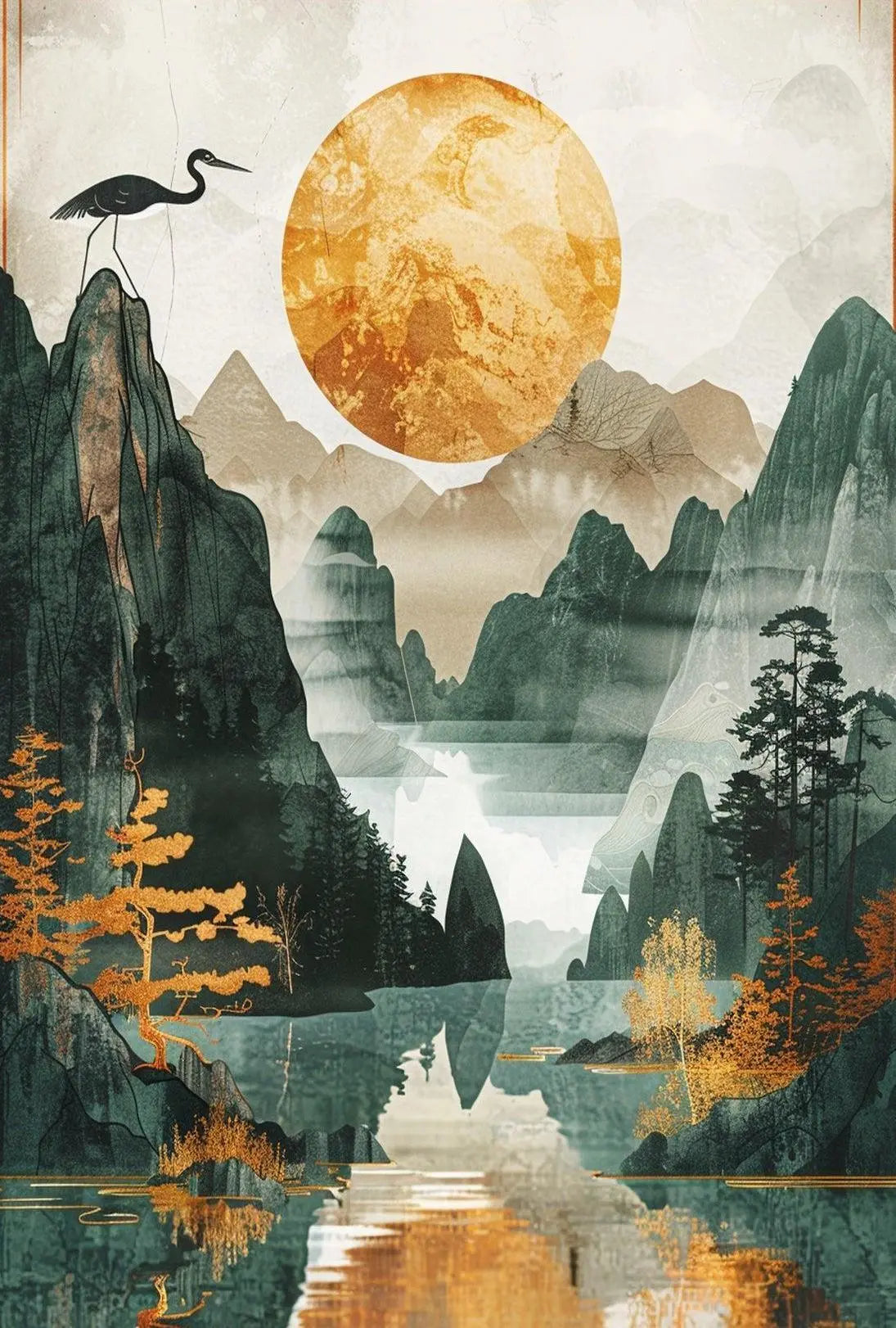 Timeless Tranquility Asian-Inspired Artistic Landscape Poster PosterGoat