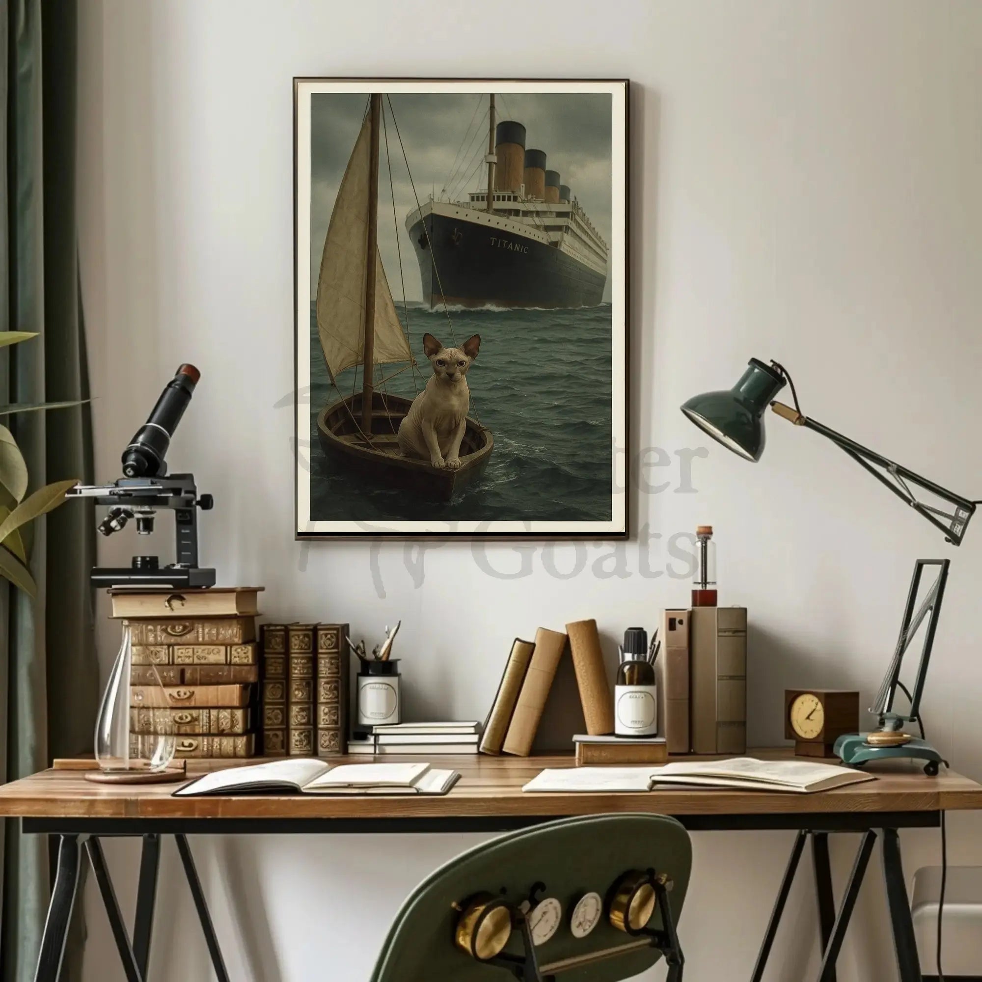 Titanic Surreal Sphynx Cat Maritime History Poster PosterGoat