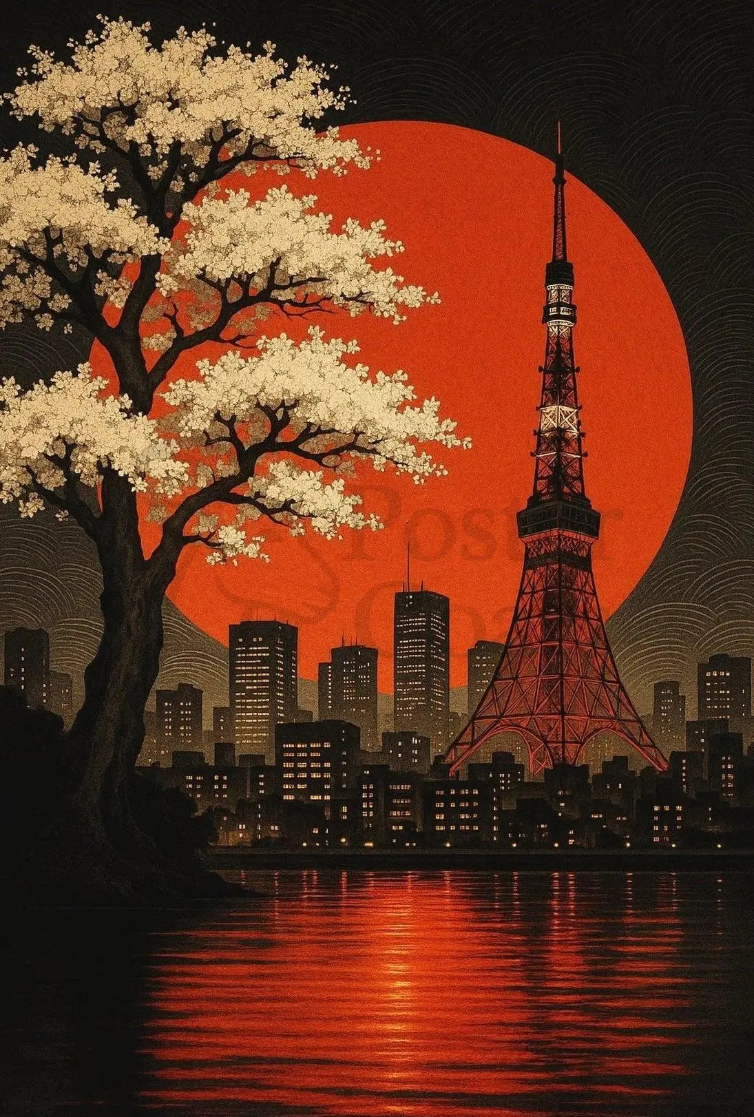 Tokyo Cityscape with Cherry Blossoms Cultural Poster PosterGoat