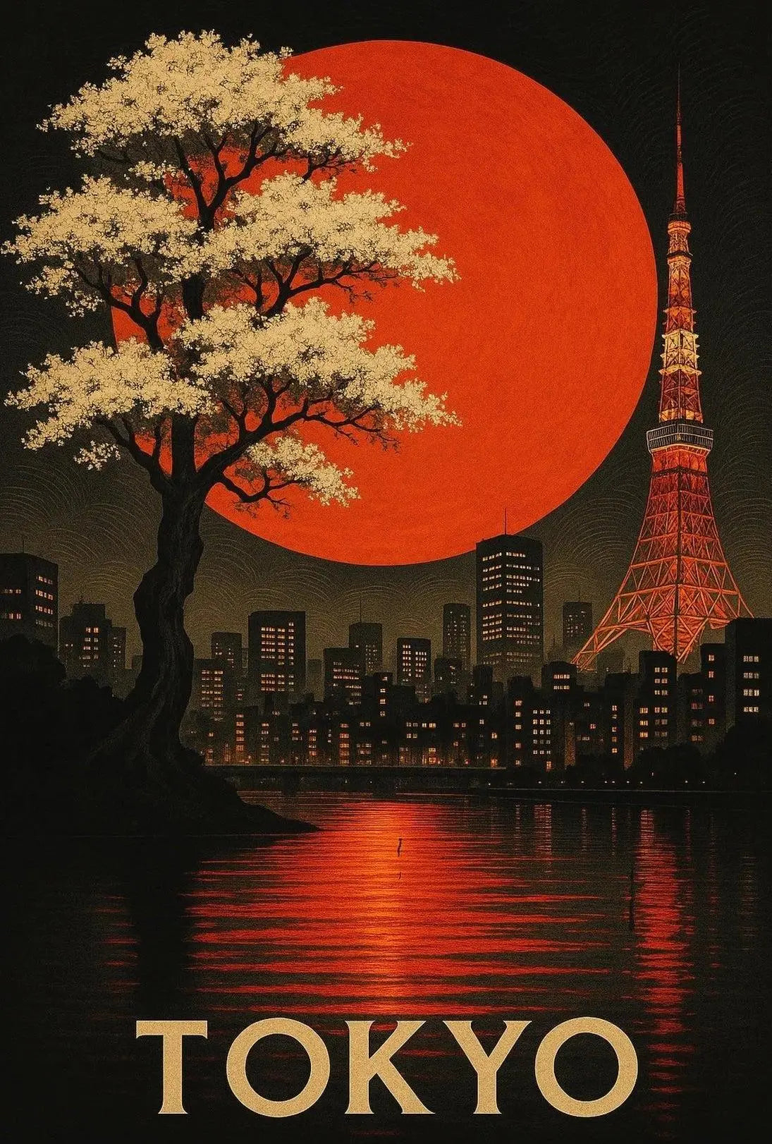 Tokyo Nightscape with Red Sun Artistic Travel Poster PosterGoat