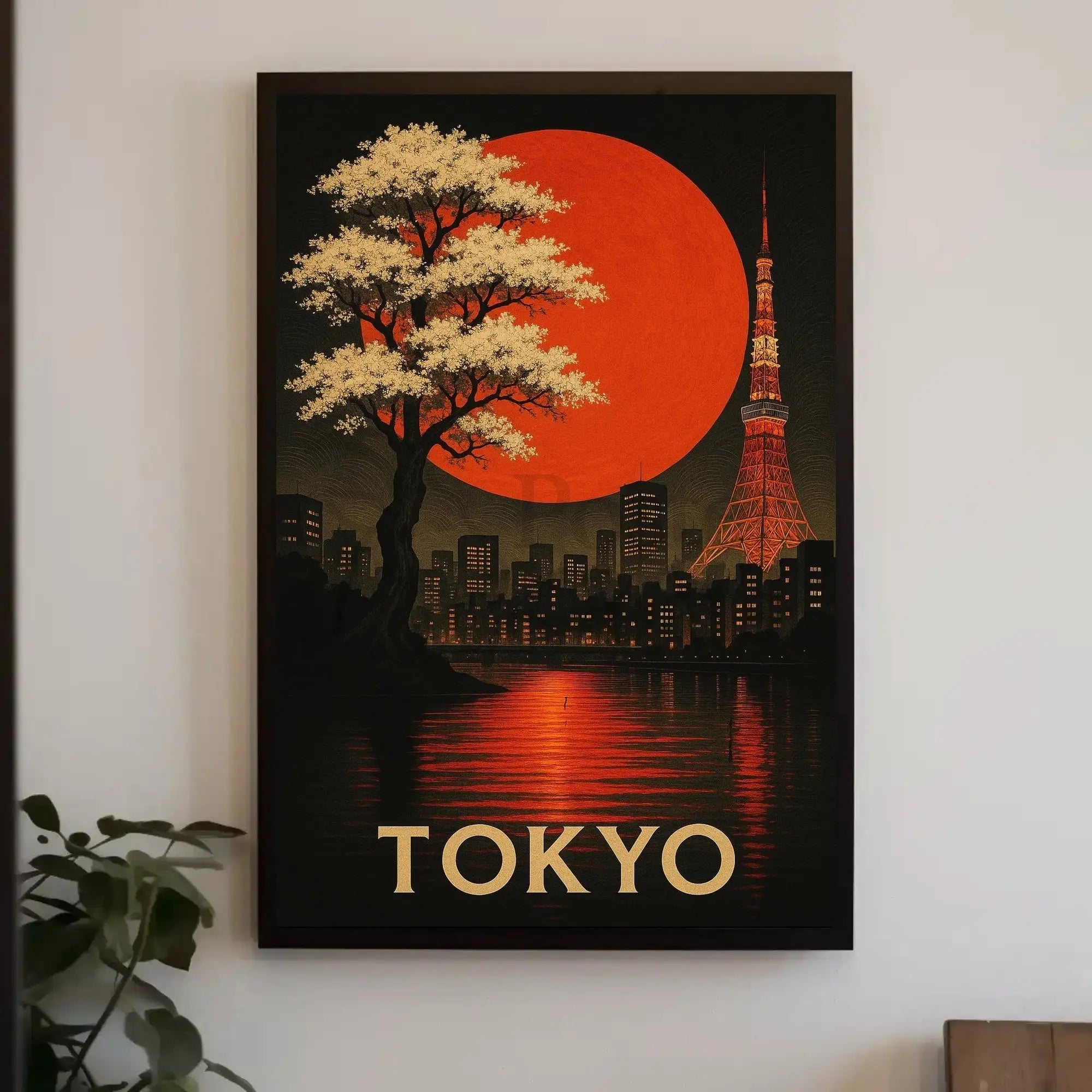 Tokyo Nightscape with Red Sun Artistic Travel Poster PosterGoat