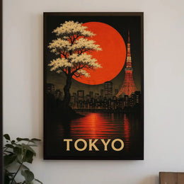 Tokyo Nightscape with Red Sun Artistic Travel Poster PosterGoat