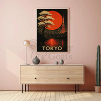 Tokyo Nightscape with Red Sun Artistic Travel Poster PosterGoat