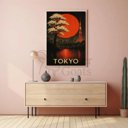 Tokyo Nightscape with Red Sun Artistic Travel Poster PosterGoat