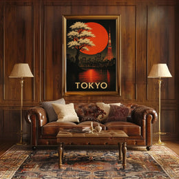 Tokyo Nightscape with Red Sun Artistic Travel Poster PosterGoat