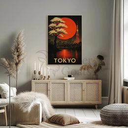 Tokyo Nightscape with Red Sun Artistic Travel Poster PosterGoat