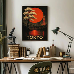 Tokyo Nightscape with Red Sun Artistic Travel Poster PosterGoat