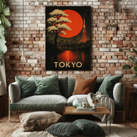 Tokyo Nightscape with Red Sun Artistic Travel Poster PosterGoat