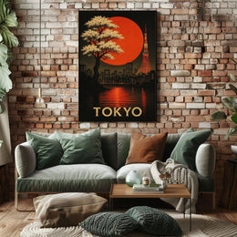 Tokyo Nightscape with Red Sun Artistic Travel Poster PosterGoat