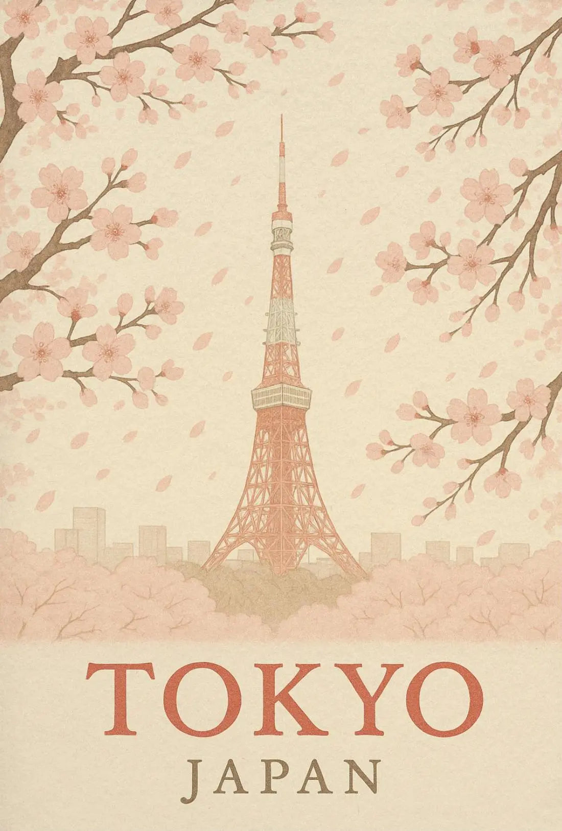 Tokyo Tower and Blossoms Vintage Travel Poster PosterGoat