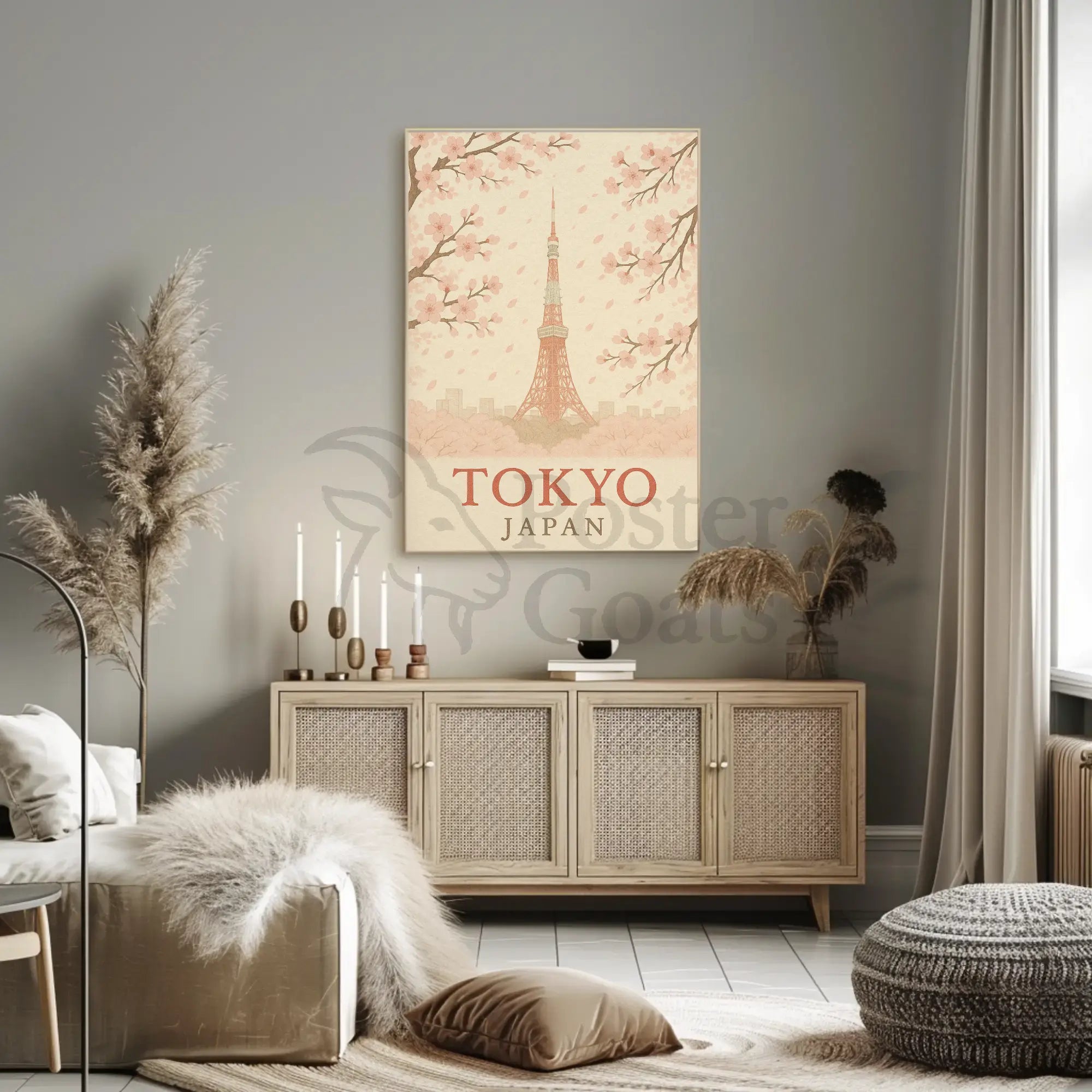 Tokyo Tower and Blossoms Vintage Travel Poster PosterGoat