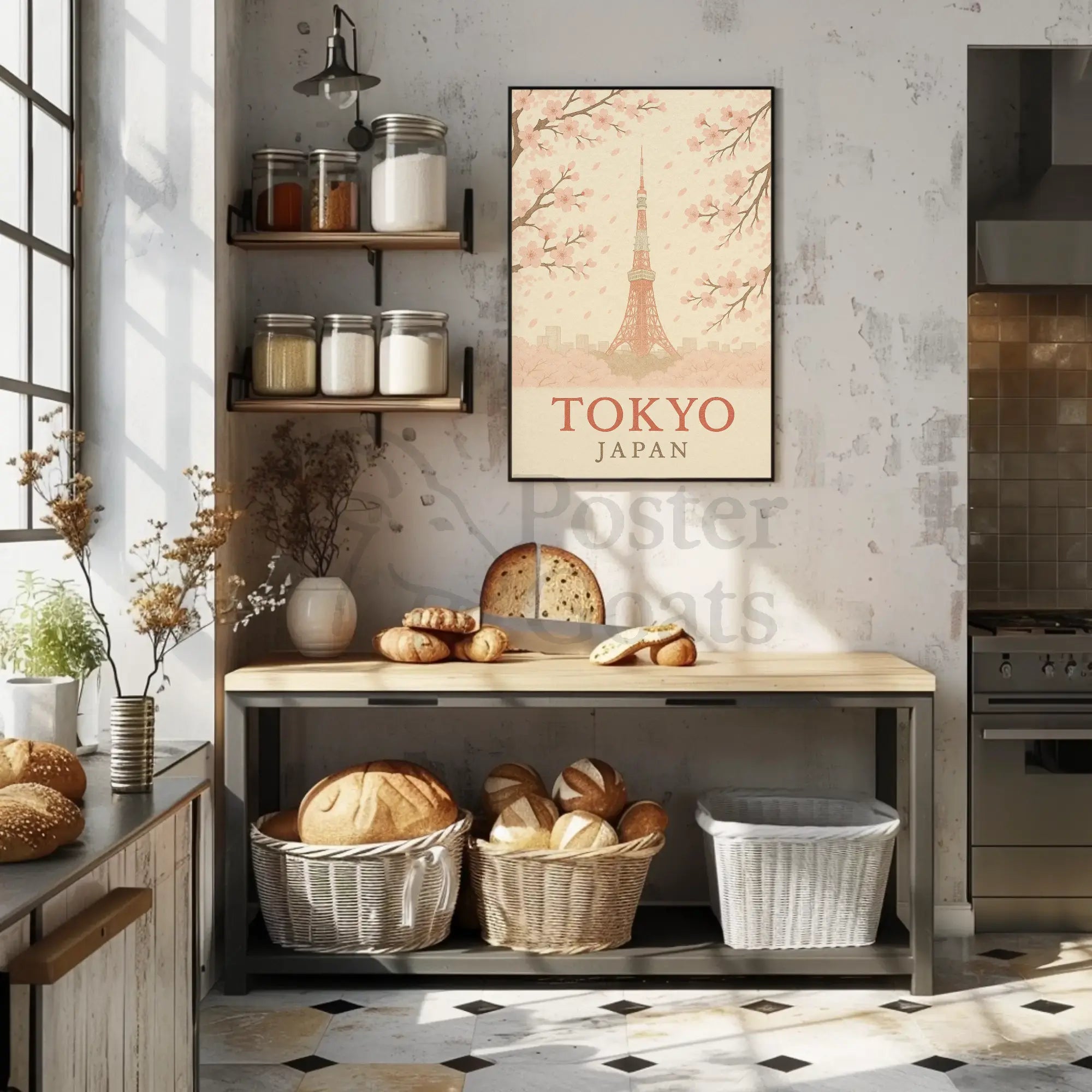 Tokyo Tower and Blossoms Vintage Travel Poster PosterGoat