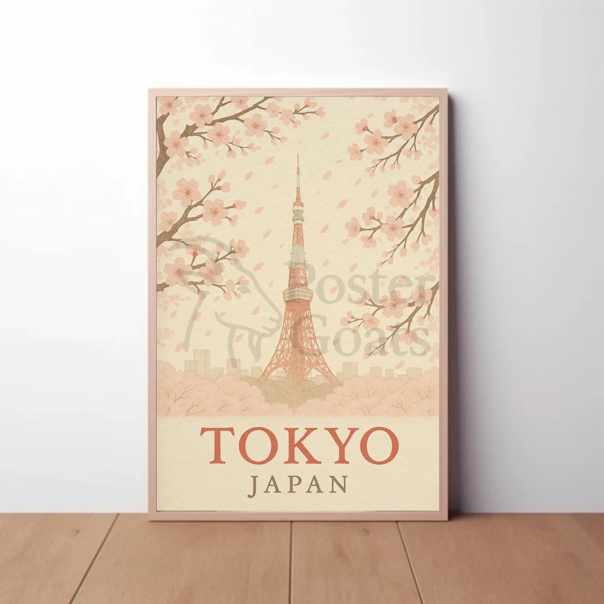 Tokyo Tower and Blossoms Vintage Travel Poster PosterGoat