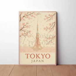 Tokyo Tower and Blossoms Vintage Travel Poster PosterGoat