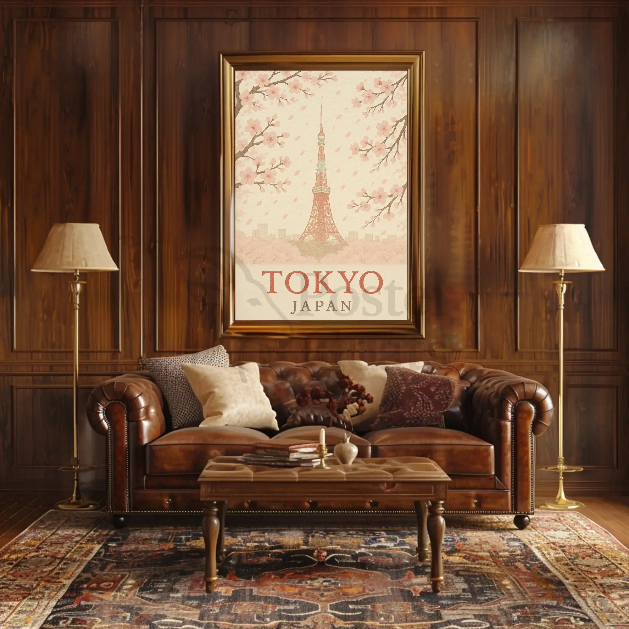 Tokyo Tower and Blossoms Vintage Travel Poster PosterGoat