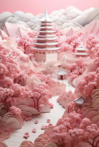 Traditional East Asian Landscape with Cherry Blossoms - Artistic Poster PosterGoat