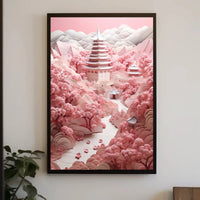 Traditional East Asian Landscape with Cherry Blossoms - Artistic Poster PosterGoat