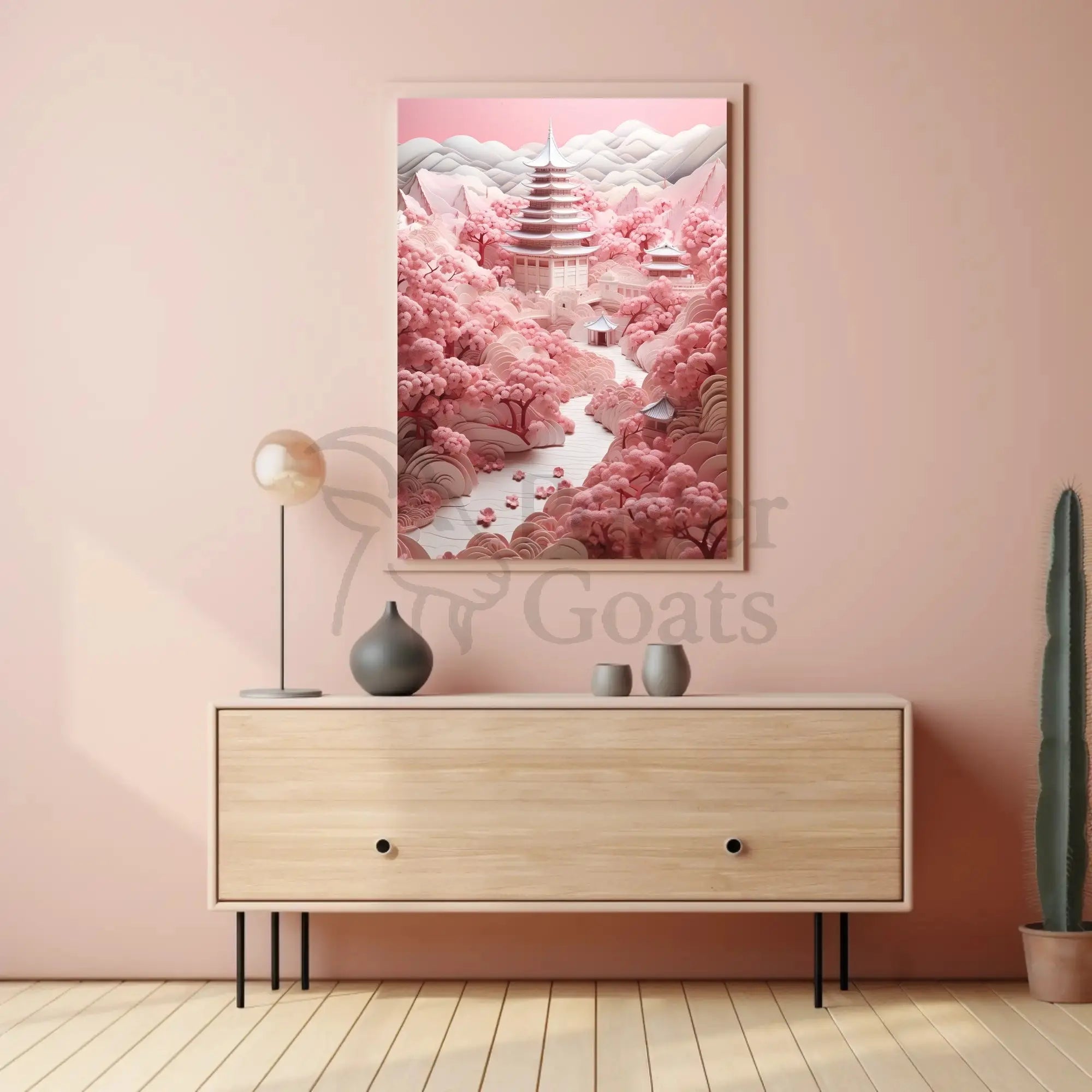 Traditional East Asian Landscape with Cherry Blossoms - Artistic Poster PosterGoat