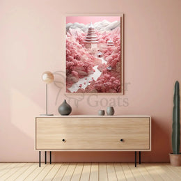 Traditional East Asian Landscape with Cherry Blossoms - Artistic Poster PosterGoat