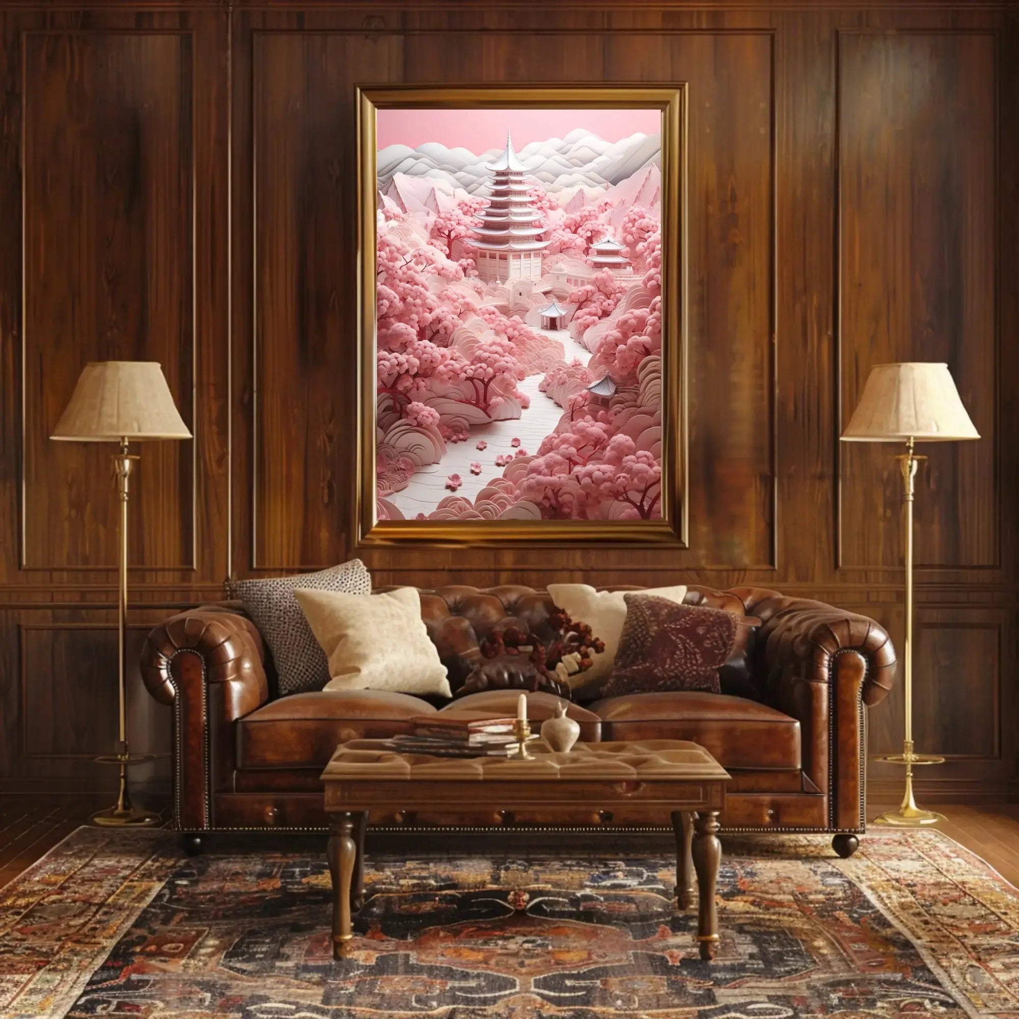 Traditional East Asian Landscape with Cherry Blossoms - Artistic Poster PosterGoat