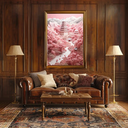 Traditional East Asian Landscape with Cherry Blossoms - Artistic Poster PosterGoat