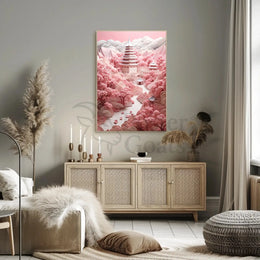 Traditional East Asian Landscape with Cherry Blossoms - Artistic Poster PosterGoat
