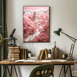 Traditional East Asian Landscape with Cherry Blossoms - Artistic Poster PosterGoat