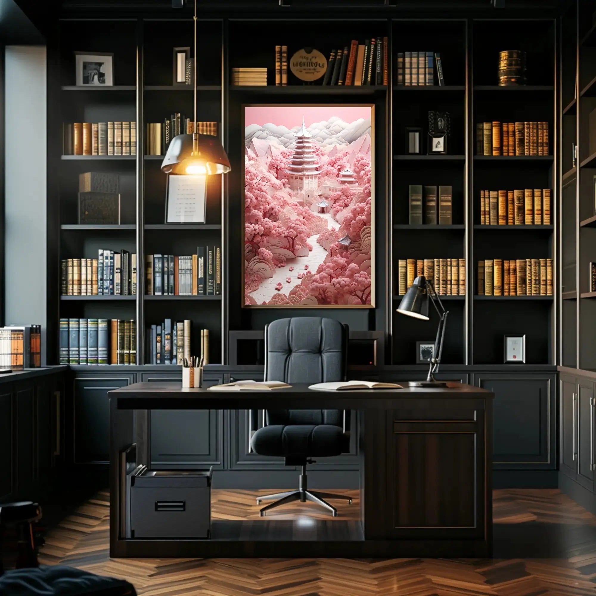 Traditional East Asian Landscape with Cherry Blossoms - Artistic Poster PosterGoat