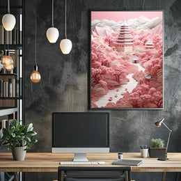 Traditional East Asian Landscape with Cherry Blossoms - Artistic Poster PosterGoat