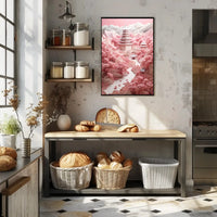 Traditional East Asian Landscape with Cherry Blossoms - Artistic Poster PosterGoat