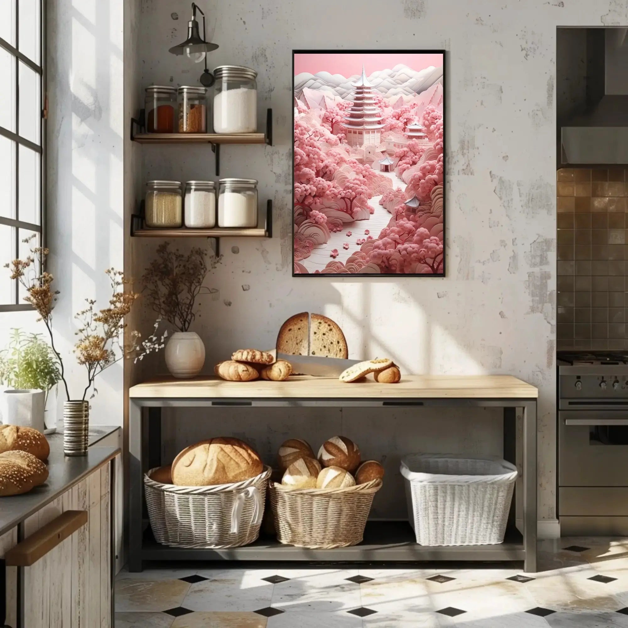 Traditional East Asian Landscape with Cherry Blossoms - Artistic Poster PosterGoat