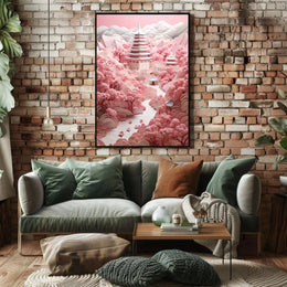 Traditional East Asian Landscape with Cherry Blossoms - Artistic Poster PosterGoat