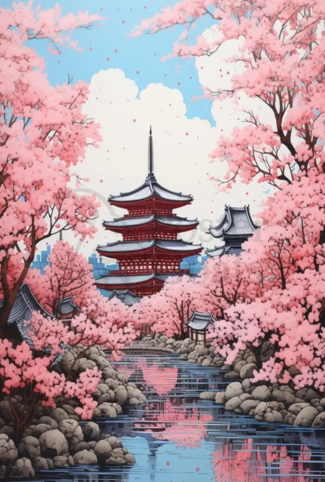 Traditional Japanese Cherry Blossom Pagoda Cultural Poster PosterGoat