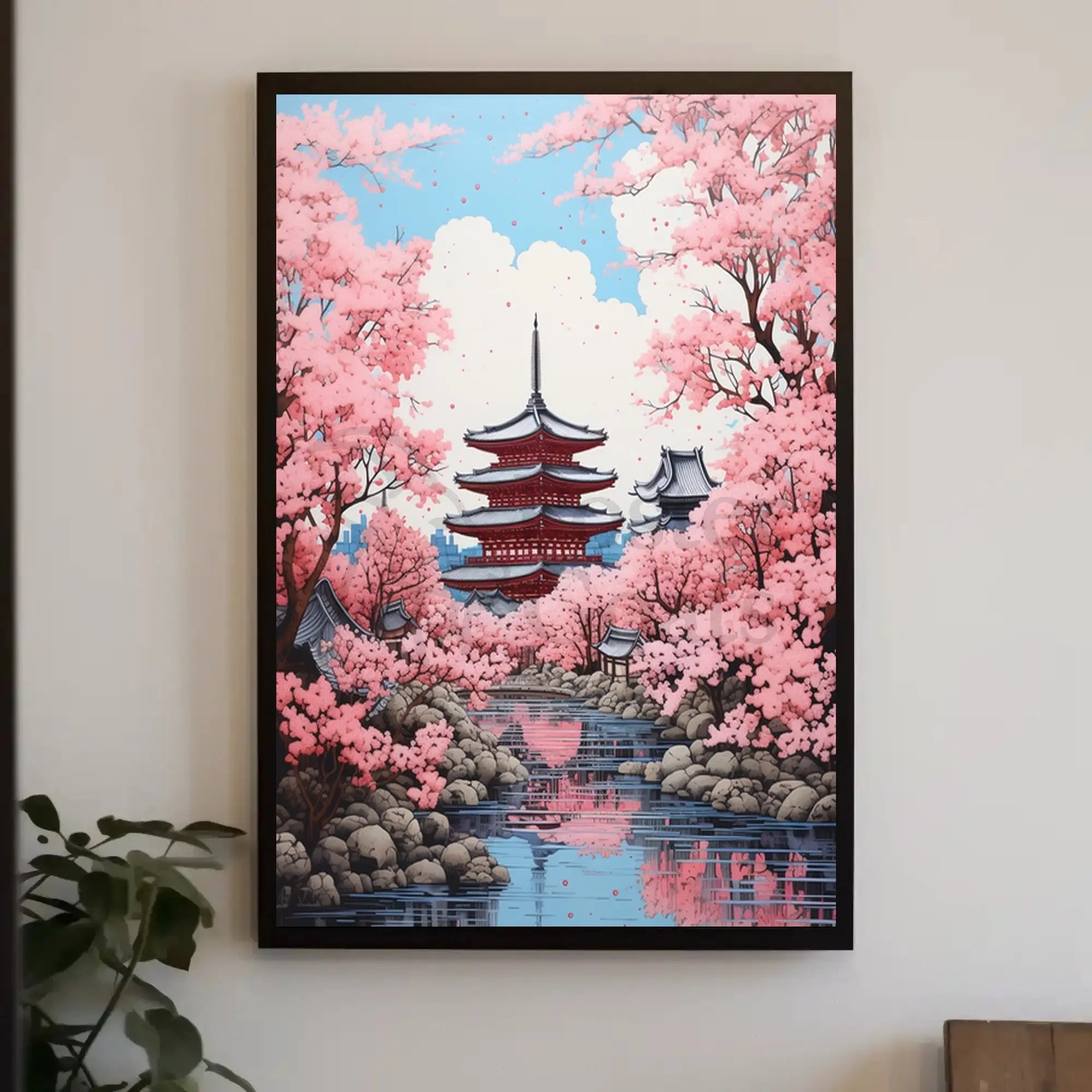 Traditional Japanese Cherry Blossom Pagoda Cultural Poster PosterGoat