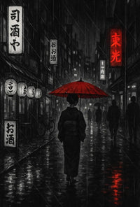Traditional Japanese Street Scene with Red Umbrella Poster PosterGoat