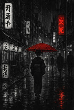 Traditional Japanese Street Scene with Red Umbrella Poster PosterGoat