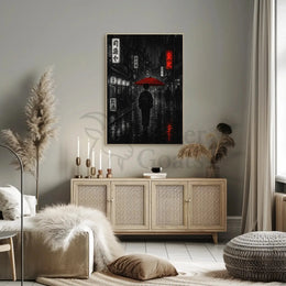 Traditional Japanese Street Scene with Red Umbrella Poster PosterGoat