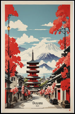 Traditional Japanese Street with Mount Fuji Travel Poster PosterGoat