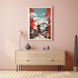 Traditional Japanese Street with Mount Fuji Travel Poster PosterGoat