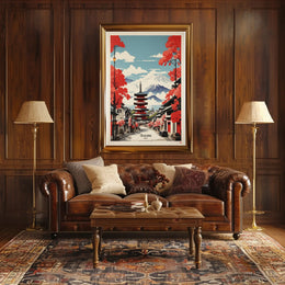 Traditional Japanese Street with Mount Fuji Travel Poster PosterGoat