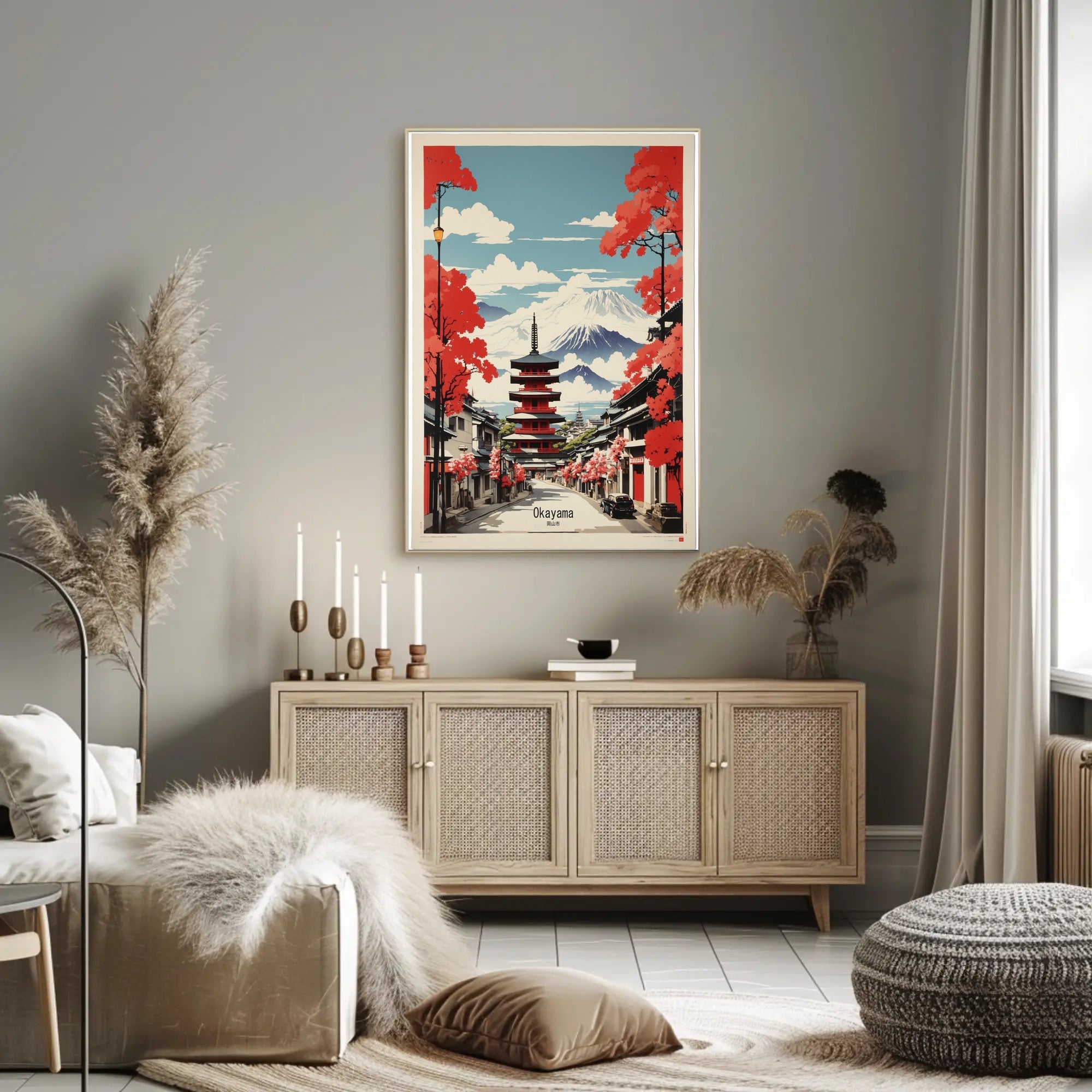 Traditional Japanese Street with Mount Fuji Travel Poster PosterGoat