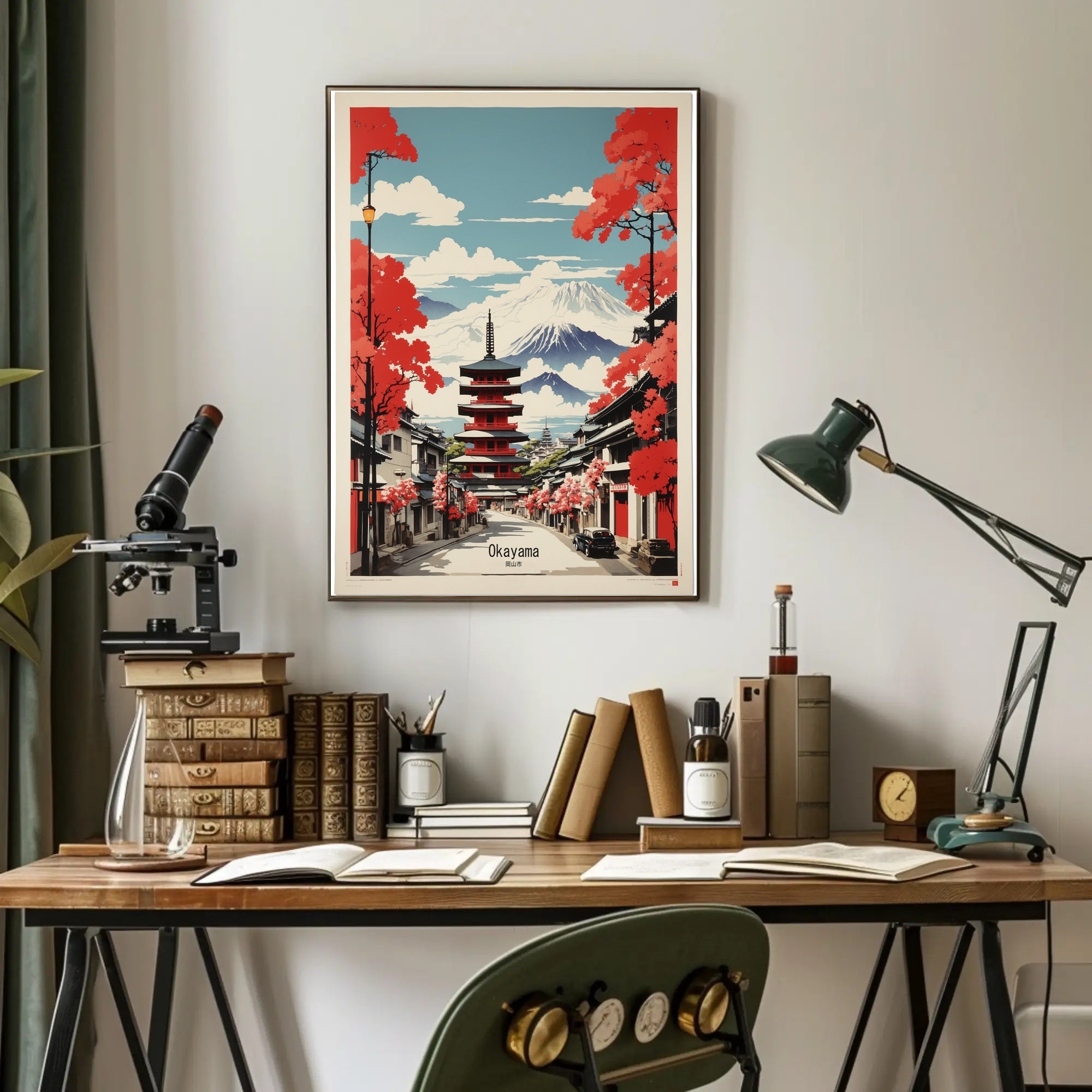 Traditional Japanese Street with Mount Fuji Travel Poster PosterGoat