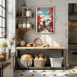 Traditional Japanese Street with Mount Fuji Travel Poster PosterGoat