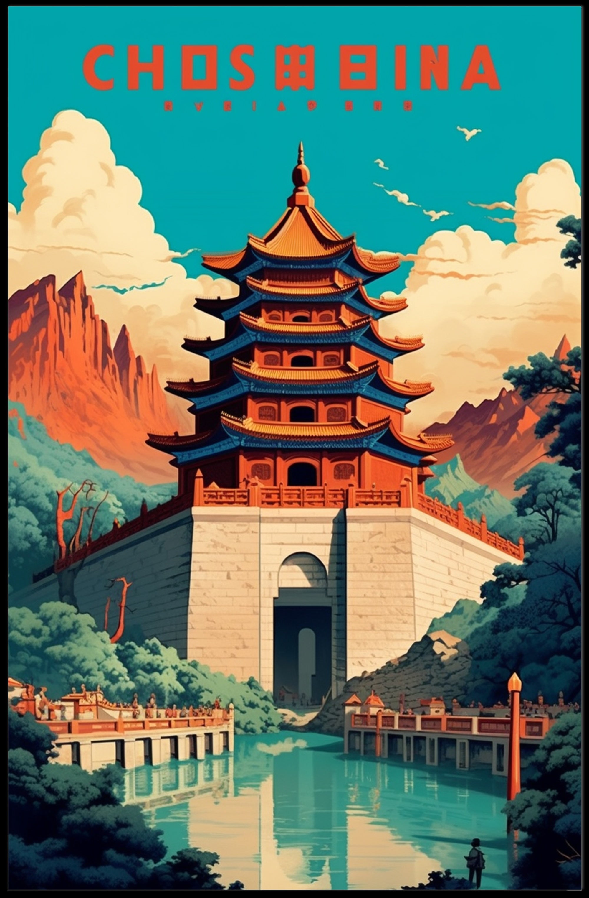 Traditional Pagoda and Mountains Cultural or Heritage Poster PosterGoat