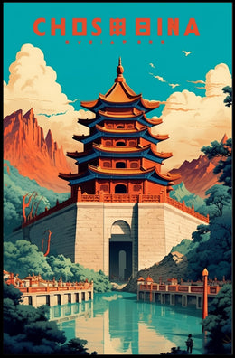 Traditional Pagoda and Mountains Cultural or Heritage Poster PosterGoat