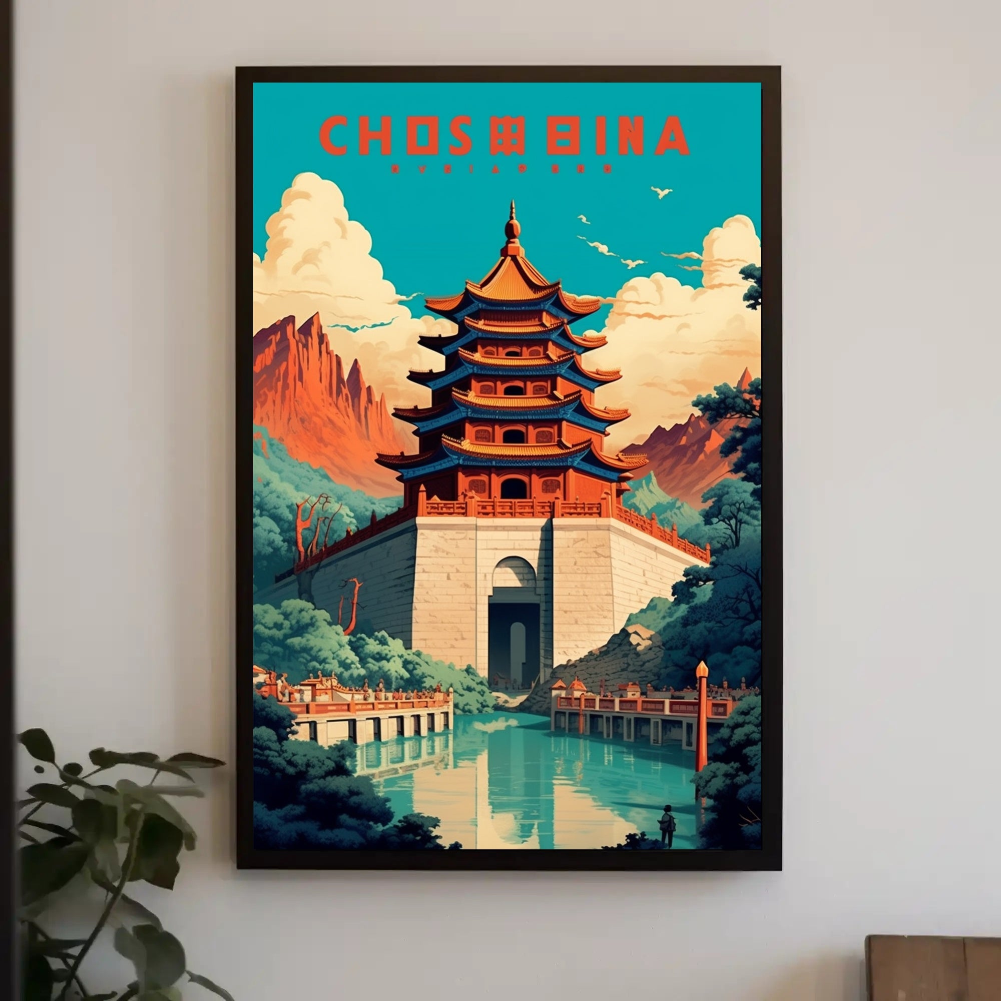 Traditional Pagoda and Mountains Cultural or Heritage Poster PosterGoat