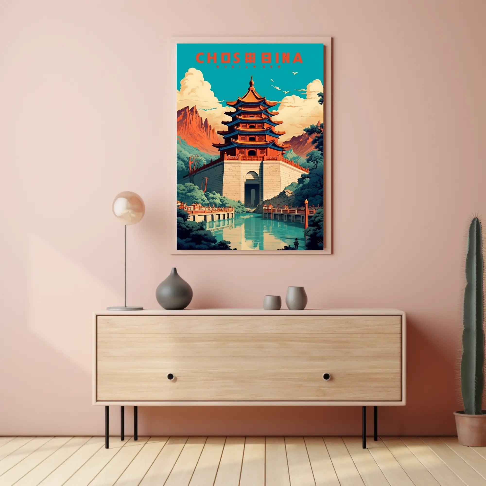 Traditional Pagoda and Mountains Cultural or Heritage Poster PosterGoat