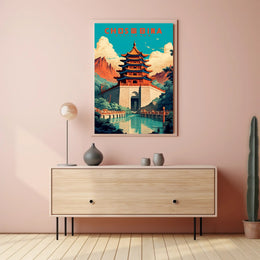 Traditional Pagoda and Mountains Cultural or Heritage Poster PosterGoat