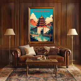 Traditional Pagoda and Mountains Cultural or Heritage Poster PosterGoat